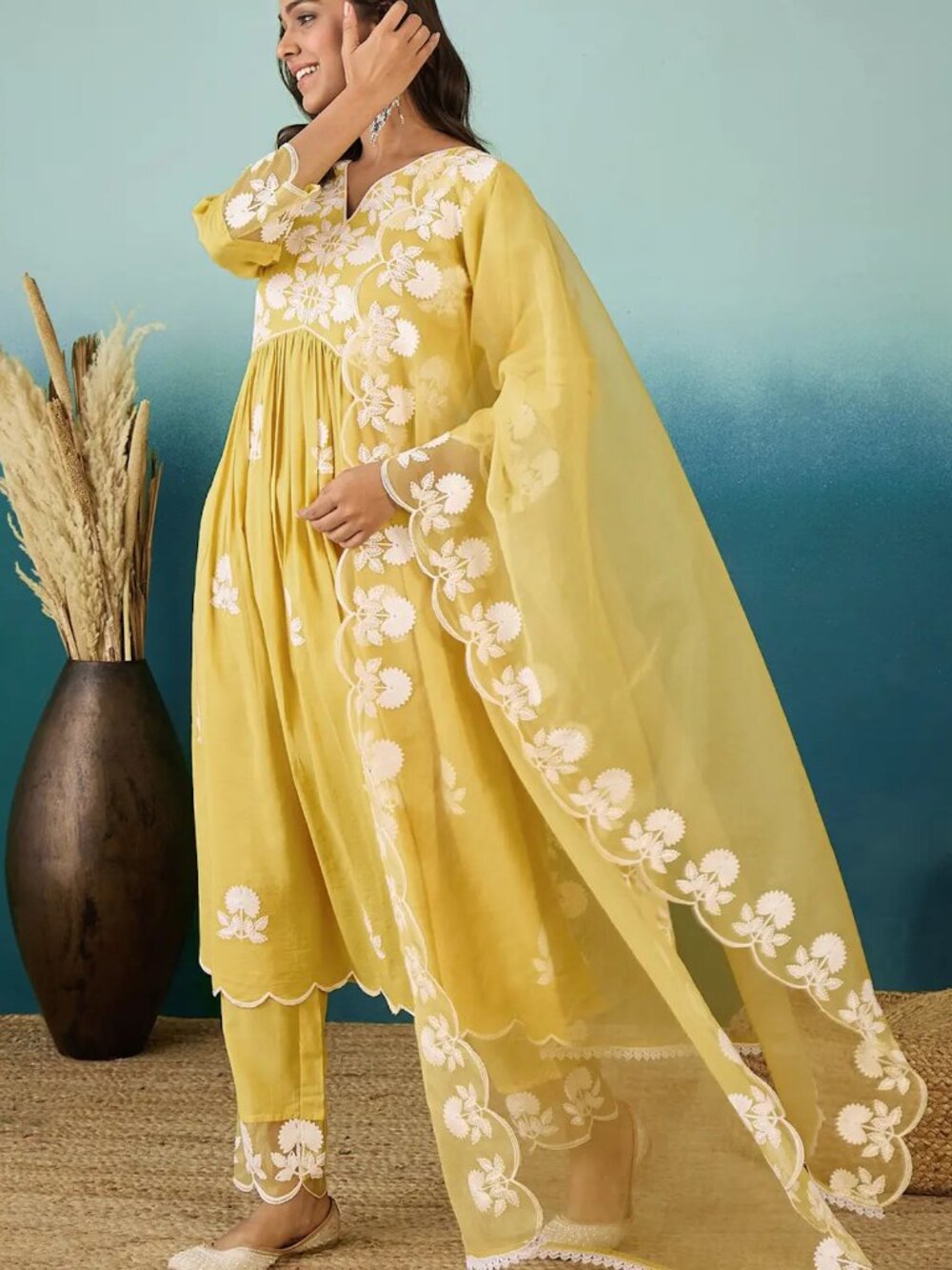 Yellow Embroidered Chinon Kurta Set